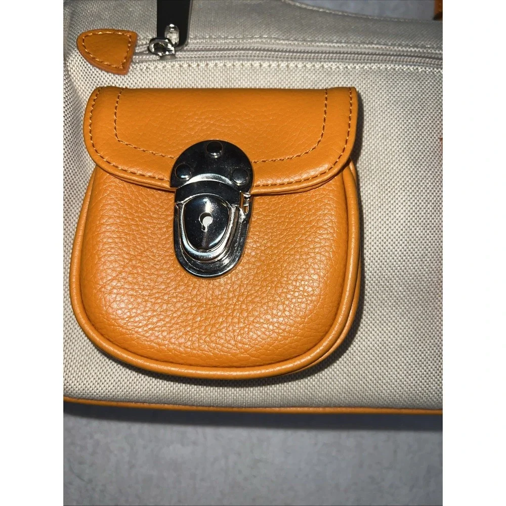 Zipper Hobo Bag Purse Pocketbook Linen Leather Orange Tan Pockets